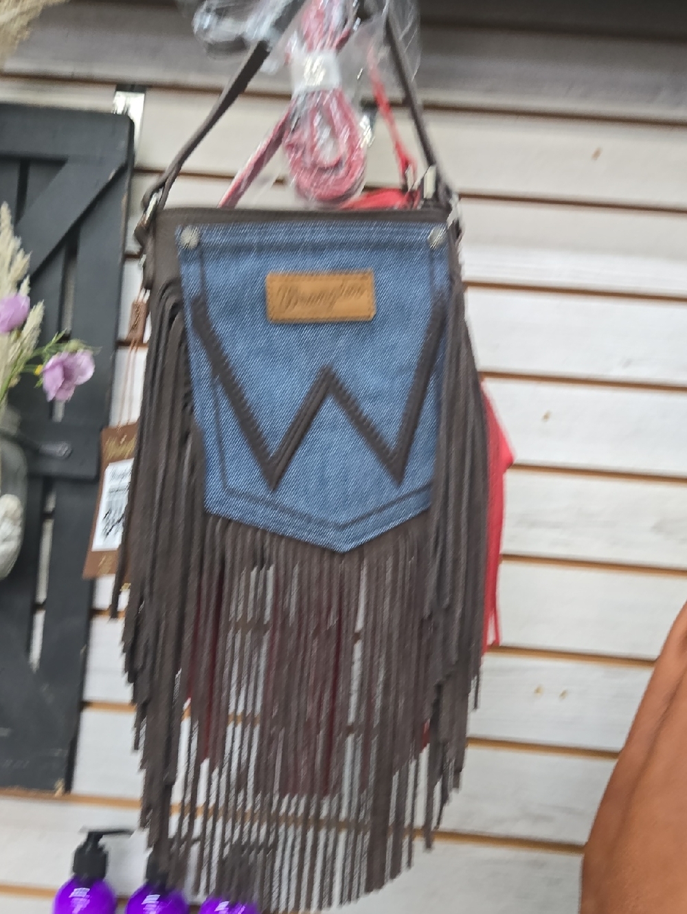 Fringed Denim Crossbody Bag with Brown Suede Trim
